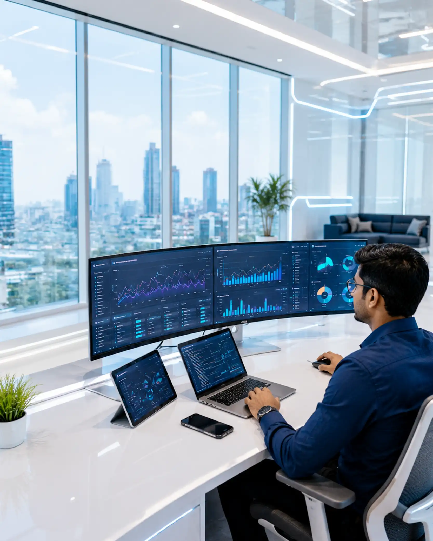 A man working with multiple monitors and tablets displaying data analytics in a modern office with city views.