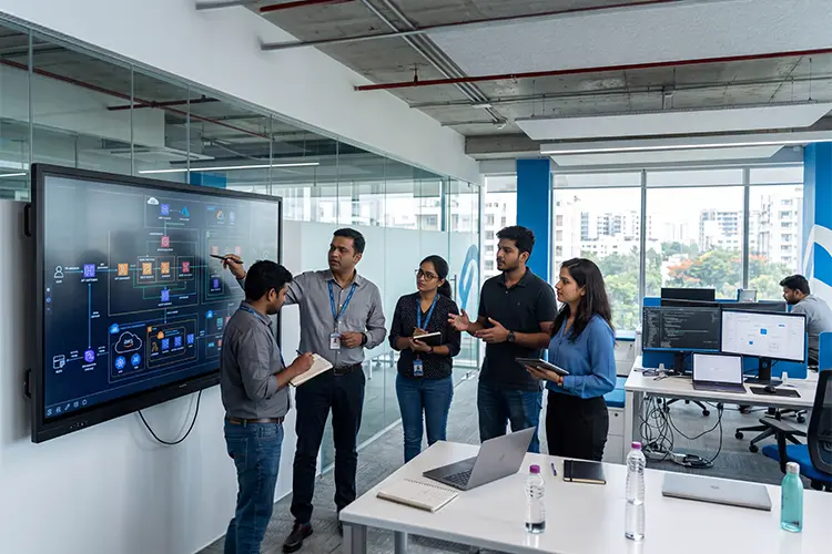 A group of five professionals discusses a digital presentation on a large wall screen in a modern office with multiple computer workstations.