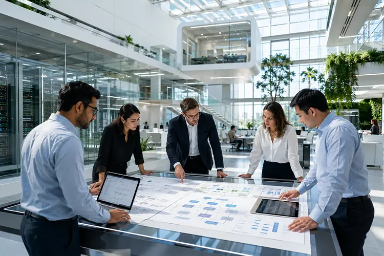 A diverse group of professionals collaborates around a large table with charts and laptops in a bright, modern office with glass walls and greenery.