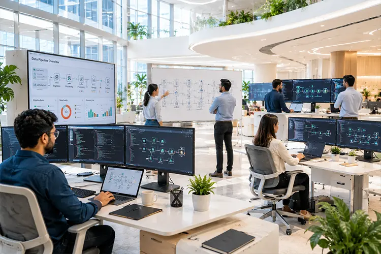 Team of professionals working on data analysis and flowcharts in a modern, bright office with multiple screens and collaborative whiteboards.