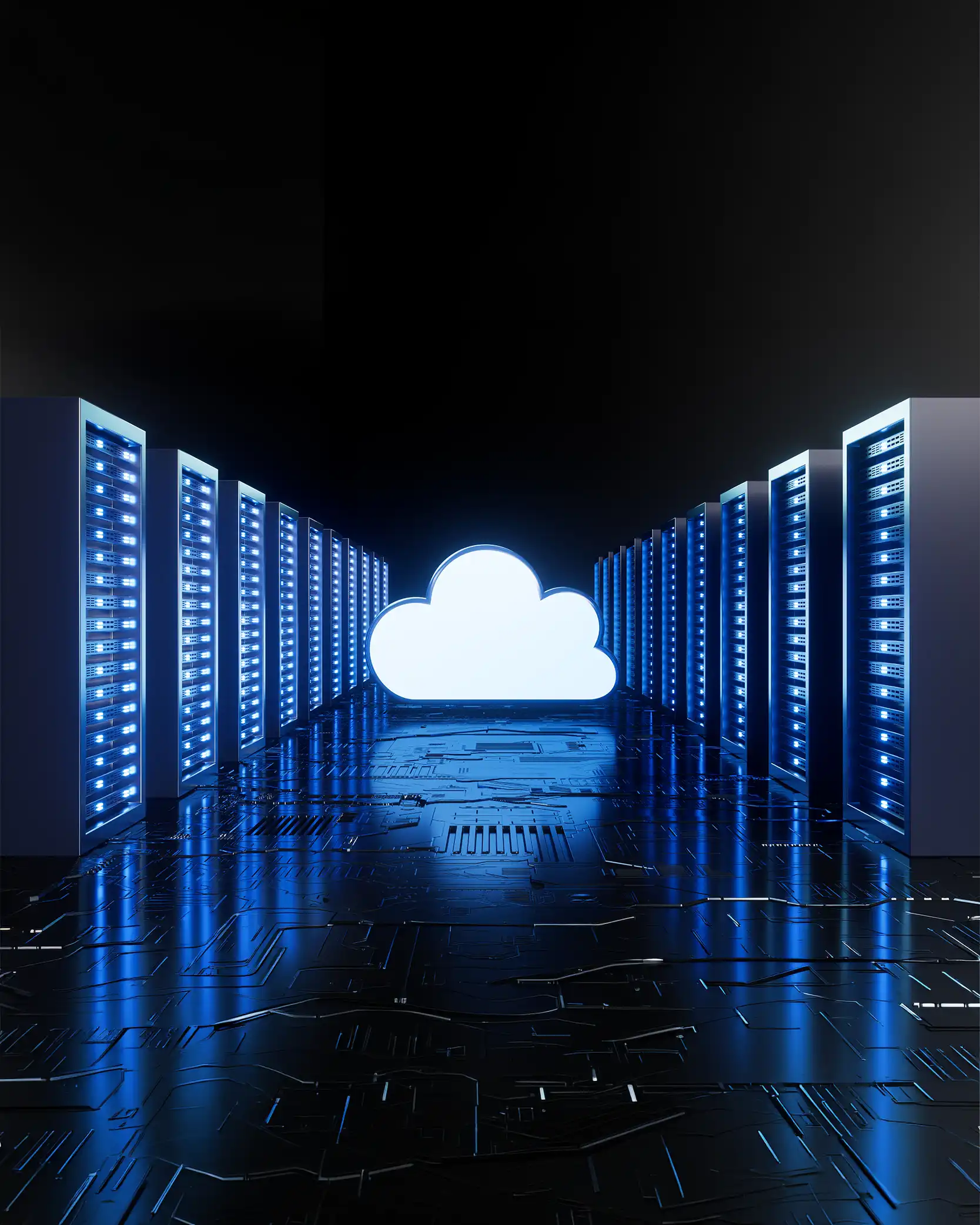 A glowing cloud icon is at the end of an aisle lined with server racks in a dark, futuristic server room with blue lighting.
