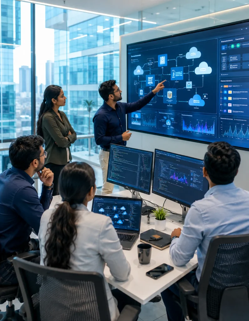 A team of professionals in a modern office analyzing data and cloud computing diagrams on a large screen, with several monitors displaying code and graphs.