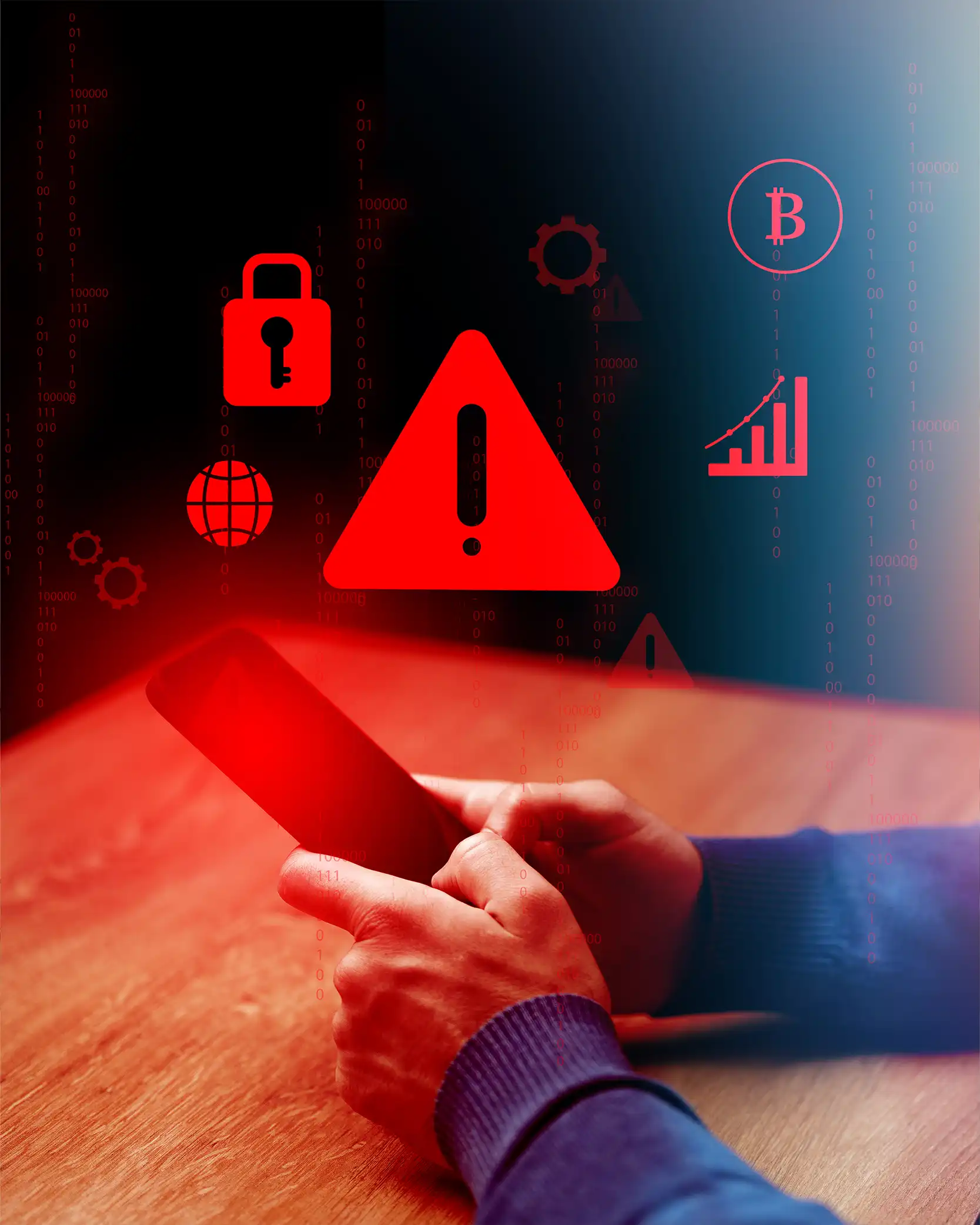 A person is sitting at a wooden table, holding and looking at a smartphone. Digital security and cryptocurrency icons, such as a padlock, a warning triangle with an exclamation mark, a globe, gears, a Bitcoin symbol, and a growth chart, are overlaid in red and pink, along with binary code, indicating concerns related to cybersecurity, data protection, and digital currency risks.