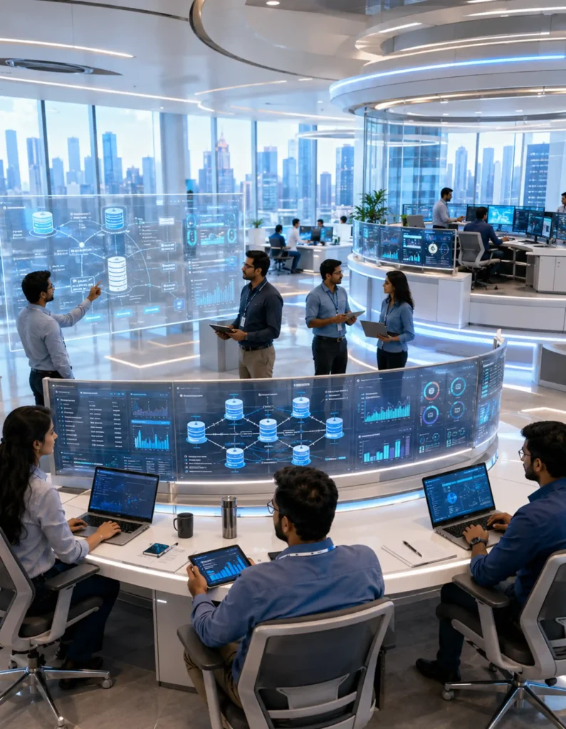 Modern office with teams optimizing database administration using advanced digital tools and analytics in a high-tech environment.