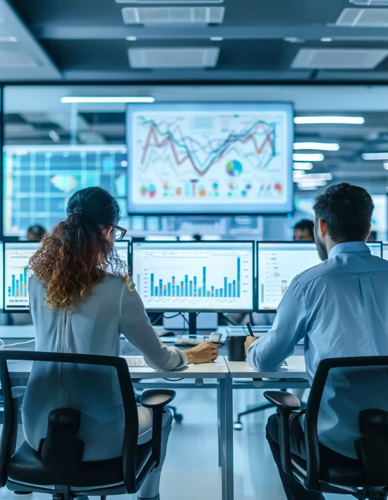 Data analysts working on computers with graphs and charts in a control room or office environment.