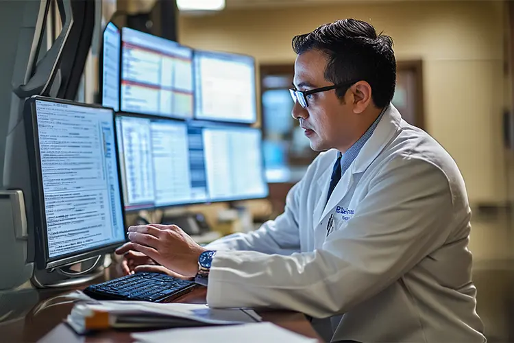 Doctor working on multiple computer screens with medical data, focusing on database management and analysis in a clinical setting.