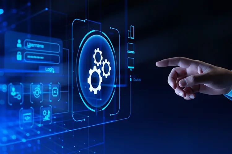 A person's hand interacts with a digital interface displaying gears and technology icons, representing automation or system settings in a futuristic style.