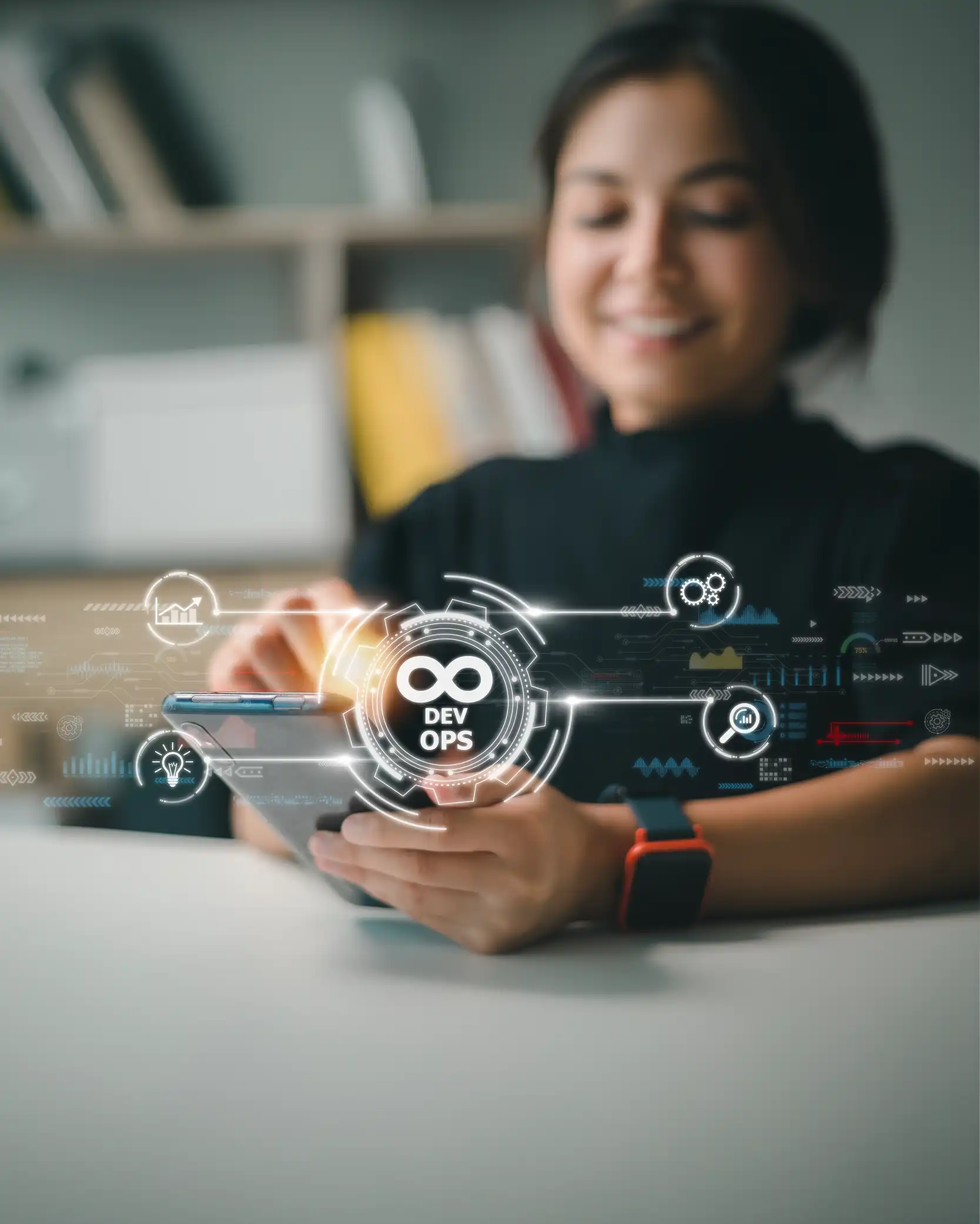 A woman using a smartphone with digital graphics overlay showing "DEV OPS" and related icons, indicating technology and development concepts.