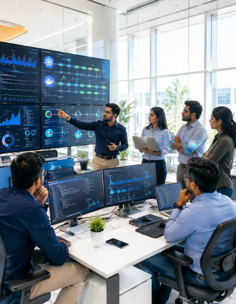 Team of professionals in a modern office analyzing DevOps and automation dashboards on large screens for data-driven decisions.