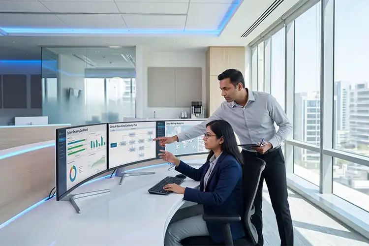 A man and woman in business attire collaborate at a modern office with large windows, analyzing data on multiple monitors displaying charts and graphs.