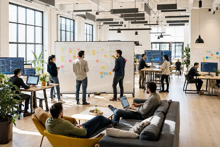 Team of professionals collaborating in a bright, modern office with whiteboards, computers, and large windows.