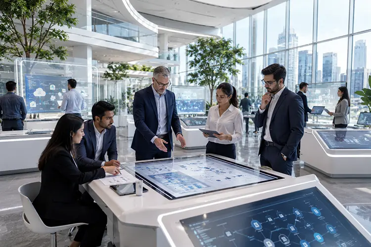 A group of professionals in business attire collaborates around a large digital touchscreen table in a modern, glass-walled office with city views.