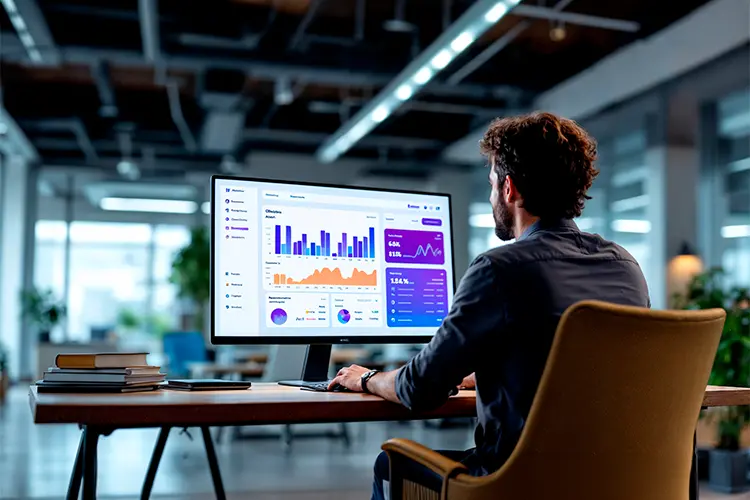 A man sitting at a desk in a modern office, working on a computer displaying various charts and graphs for data analysis.