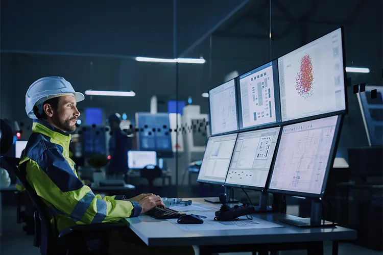 Engineer in safety gear monitors multiple screens displaying data and diagrams in a high-tech, dimly-lit control room or laboratory.