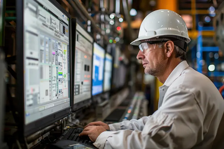 Engineer in a white helmet working on control panels and monitors in an industrial or manufacturing facility.