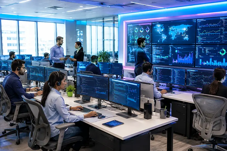 A hypothetical scenario in which a cybersecurity group analyzes code and data across multiple displays in a cutting-edge office space.