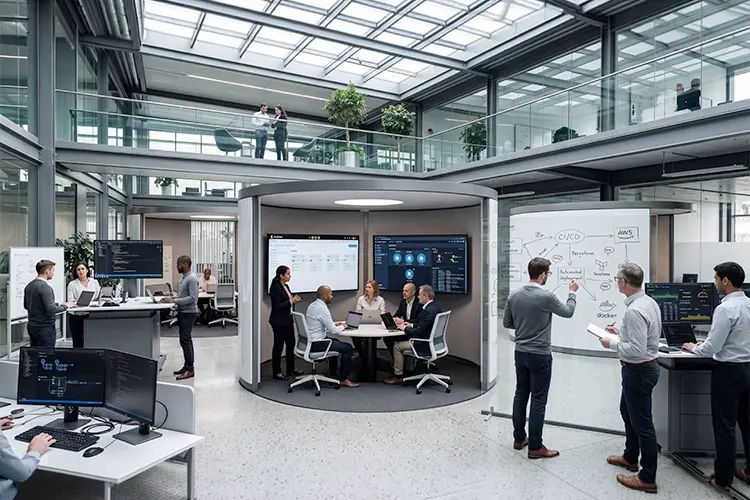A modern, open office with teams of professionals collaborating around screens and whiteboards in a glass-enclosed, multi-level workspace.
