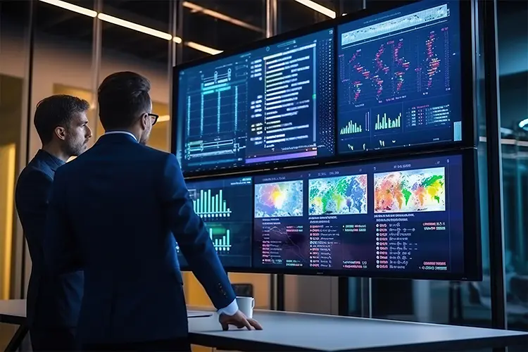Two professionals analyze multiple large screens displaying data, charts, and world maps in a high-tech control room or data center.