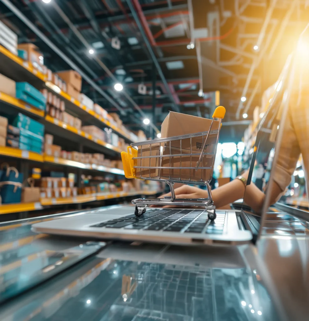 Person shopping online with a small shopping cart and a cardboard box on a laptop, in a warehouse or warehouse-style store.
