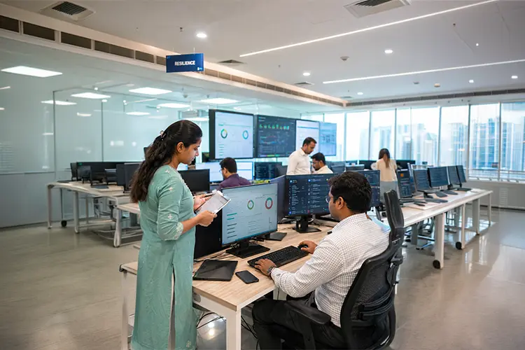 Team members working on computers and discussing data analysis in a modern office with large windows and multiple screens displaying charts.