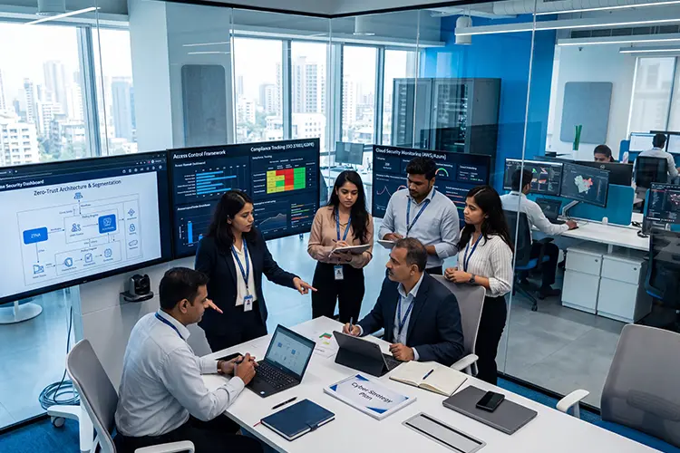 A team of professionals collaborating in a high-tech office with multiple screens displaying cybersecurity and data analysis charts.