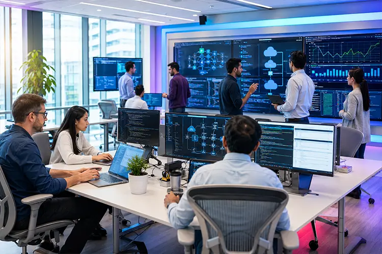Cybersecurity team analyzing data and code on multiple screens in a futuristic office environment.