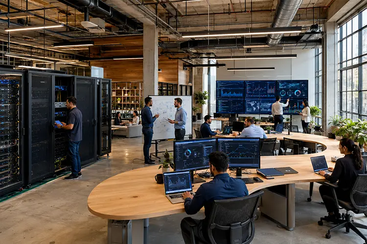 A modern data center with people working on computers, analyzing graphs on large screens, and discussing in an open, well-lit office space.