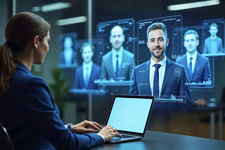 IT staff augmentation concept: woman interviewing a virtual team of professionals via video screens, highlighting flexible IT staffing solutions.