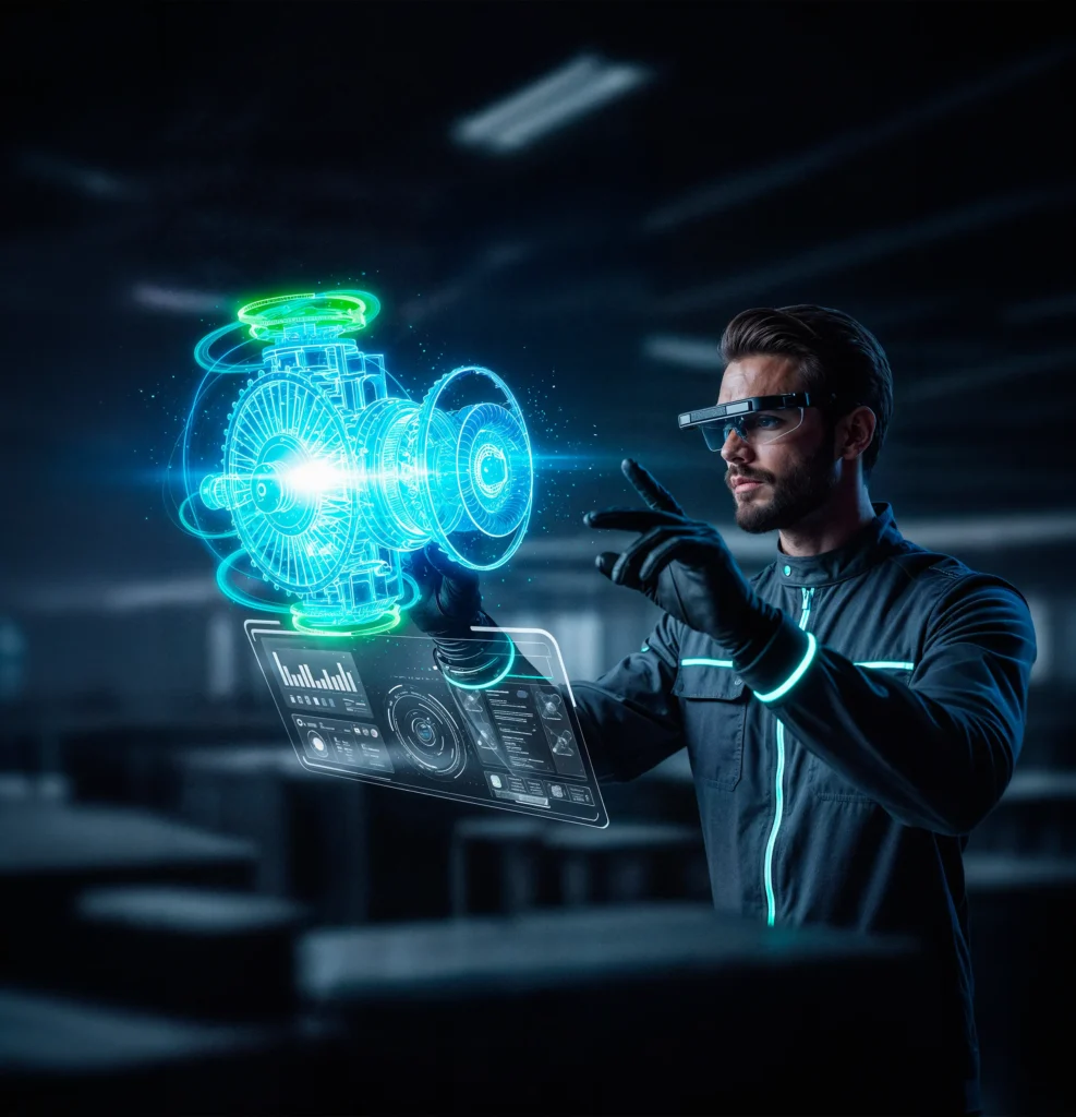 Man wearing augmented reality glasses interacting with a holographic engine model in a high-tech environment.