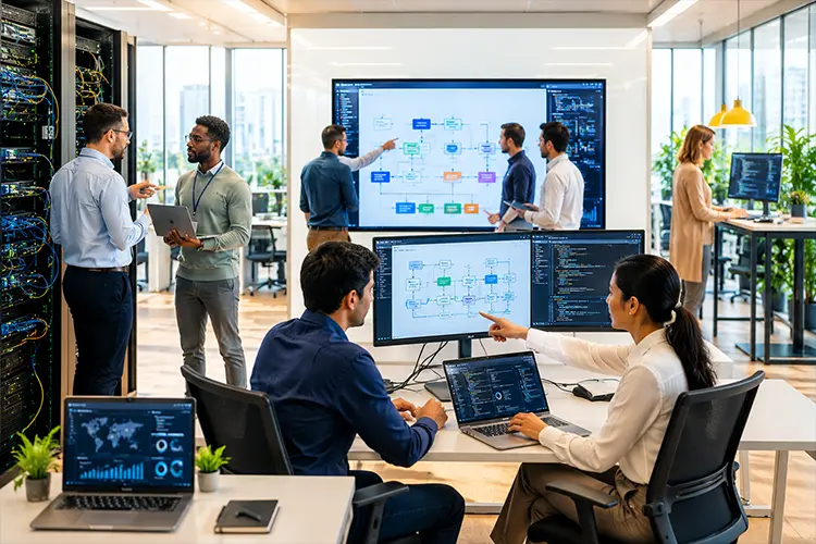 Tech team collaborating around desks with multiple monitors displaying workflows and data in a high-tech workspace.