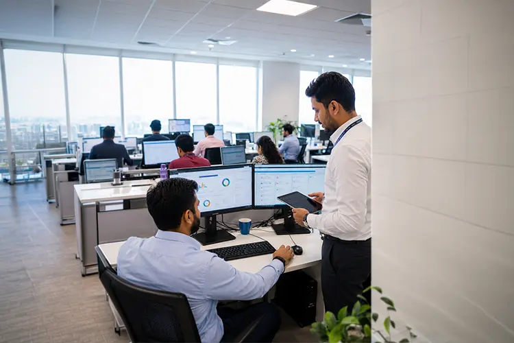 A busy office with multiple employees working on computers, some seated and some standing, in a high-rise building with large windows and city view.