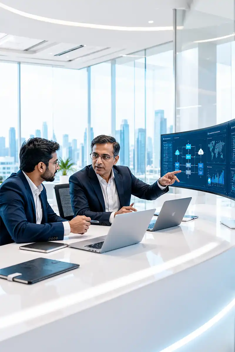 IT consulting professionals discussing cloud and data analytics strategy in a modern office, reviewing enterprise dashboards on a large screen with laptops.